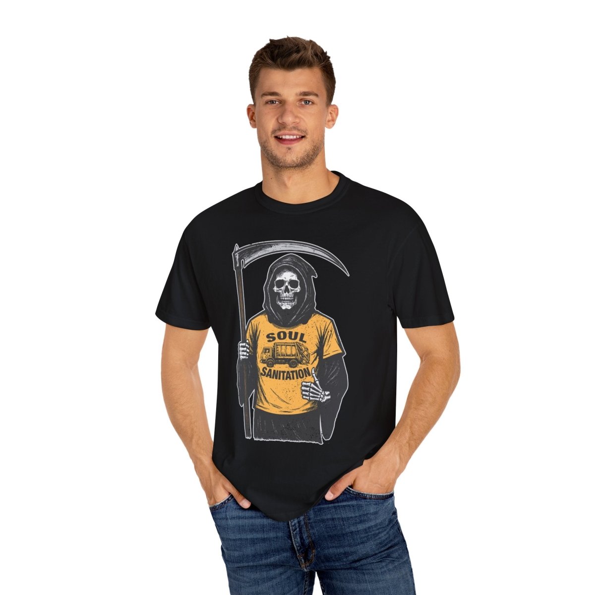 Soul Sanitation CEO Comfort Colors Relaxed Fit Soft Tee, Funny Grim Reaper Garbage Truck, Halloween or Summerween Fun