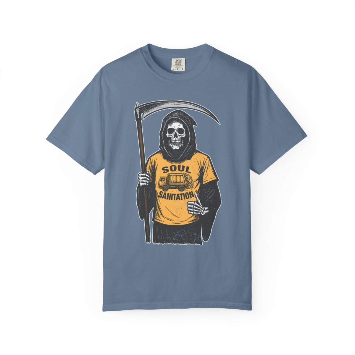 Soul Sanitation CEO Comfort Colors Relaxed Fit Soft Tee, Funny Grim Reaper Garbage Truck, Halloween or Summerween Fun