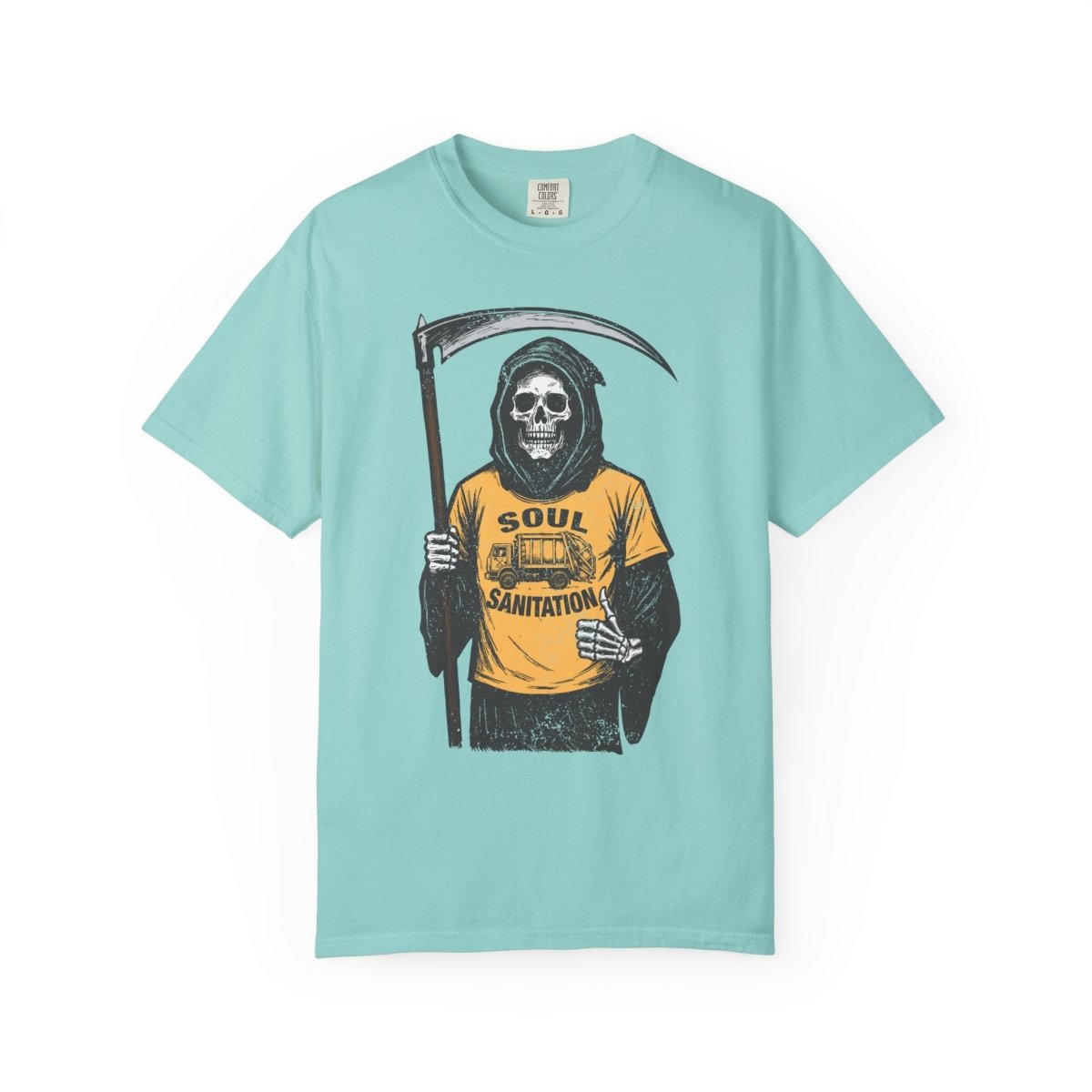 Soul Sanitation CEO Comfort Colors Relaxed Fit Soft Tee, Funny Grim Reaper Garbage Truck, Halloween or Summerween Fun