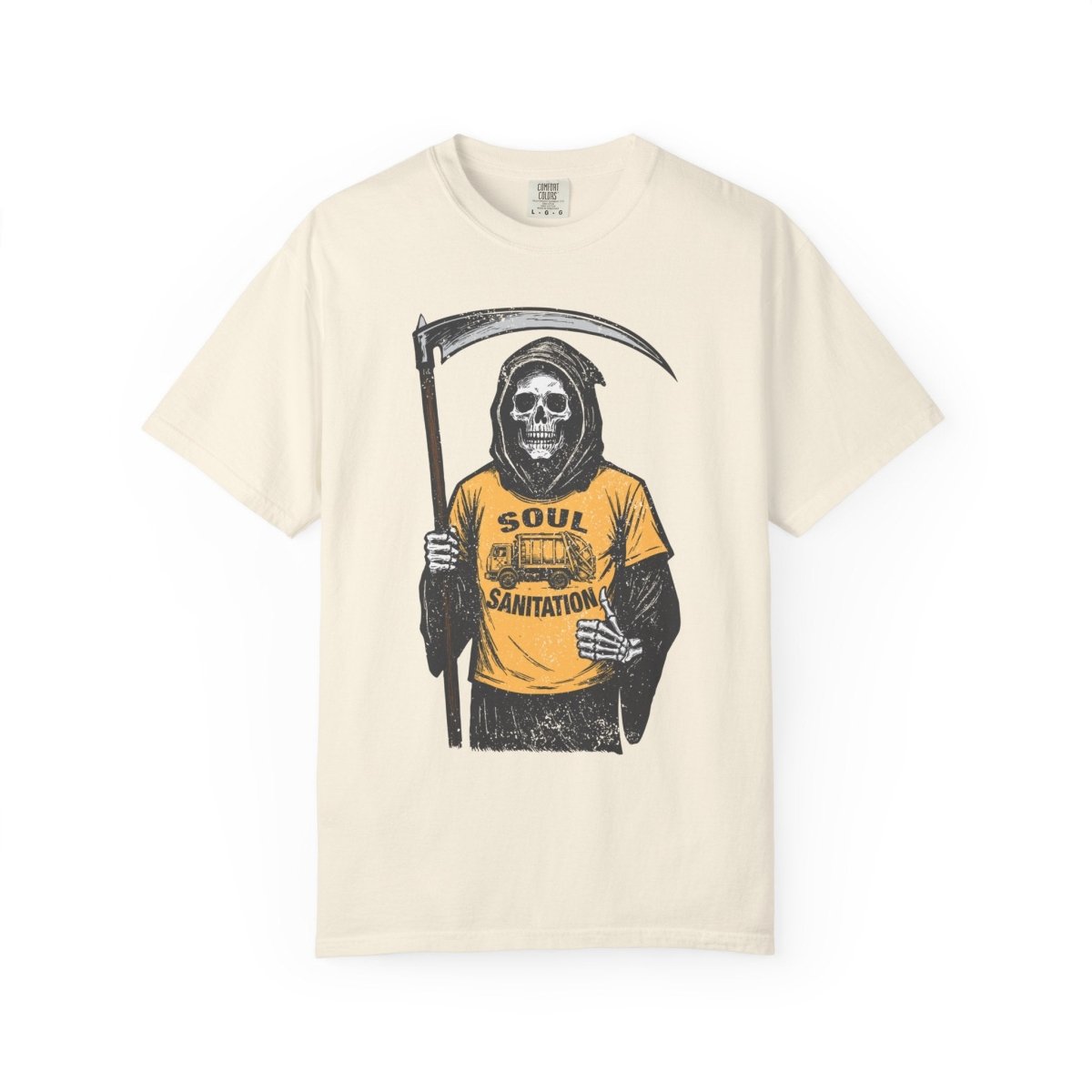 Soul Sanitation CEO Comfort Colors Relaxed Fit Soft Tee, Funny Grim Reaper Garbage Truck, Halloween or Summerween Fun