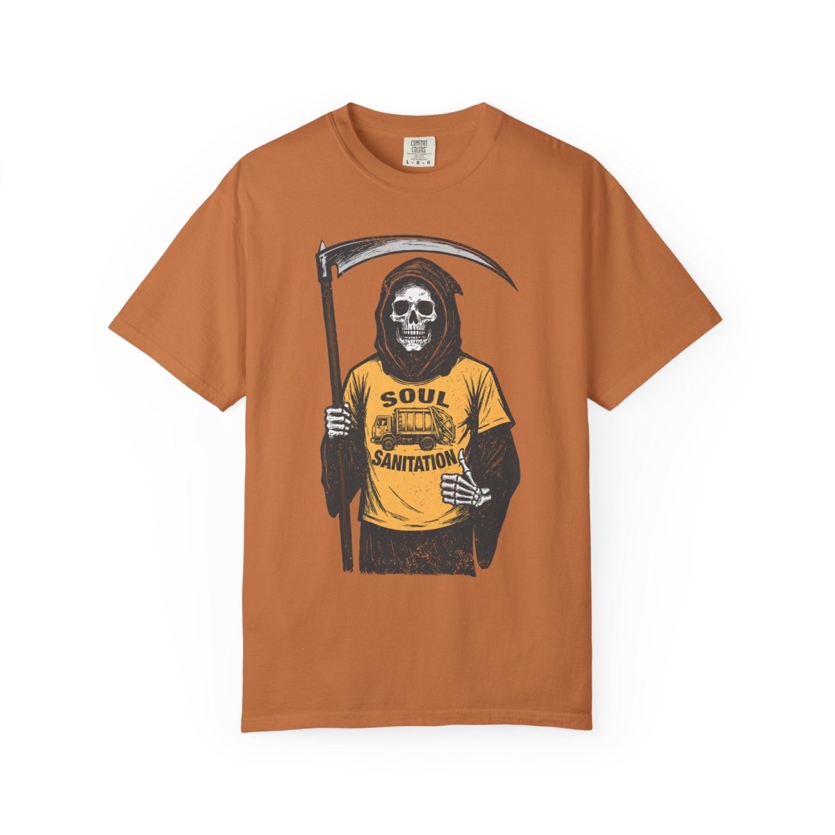 Soul Sanitation CEO Comfort Colors Relaxed Fit Soft Tee, Funny Grim Reaper Garbage Truck, Halloween or Summerween Fun