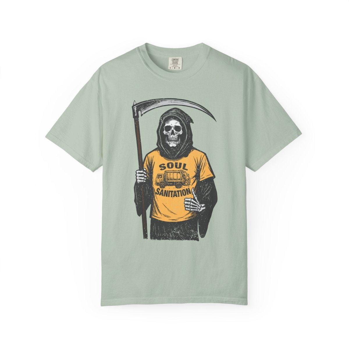 Soul Sanitation CEO Comfort Colors Relaxed Fit Soft Tee, Funny Grim Reaper Garbage Truck, Halloween or Summerween Fun
