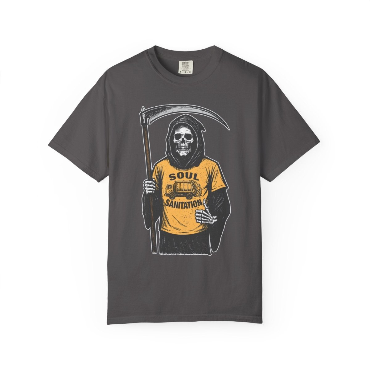 Soul Sanitation CEO Comfort Colors Relaxed Fit Soft Tee, Funny Grim Reaper Garbage Truck, Halloween or Summerween Fun