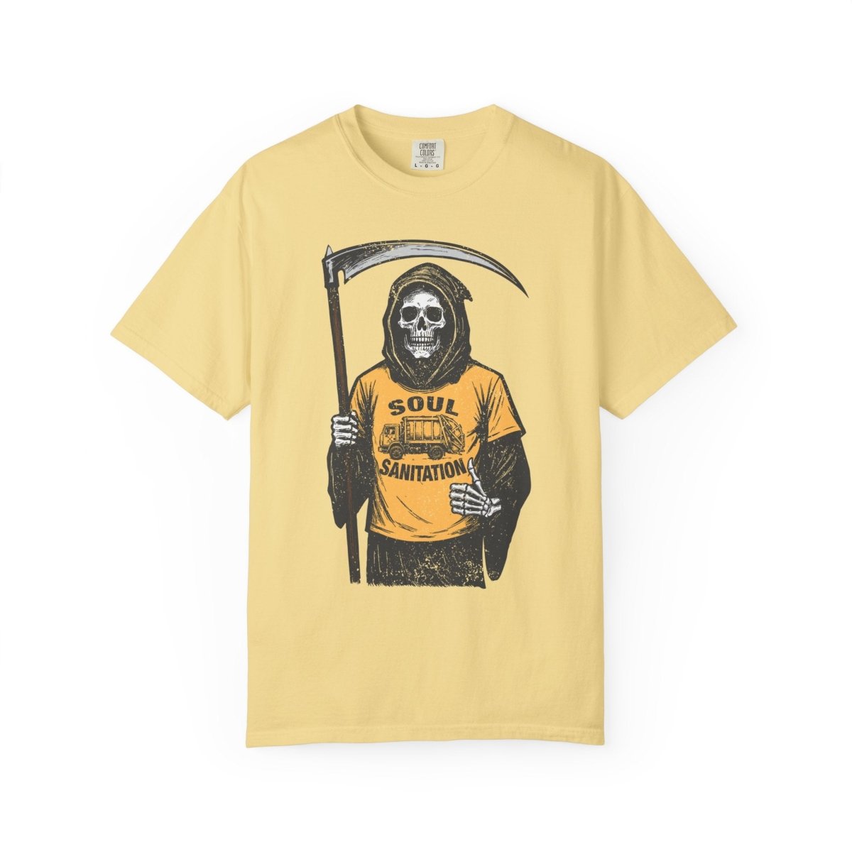 Soul Sanitation CEO Comfort Colors Relaxed Fit Soft Tee, Funny Grim Reaper Garbage Truck, Halloween or Summerween Fun