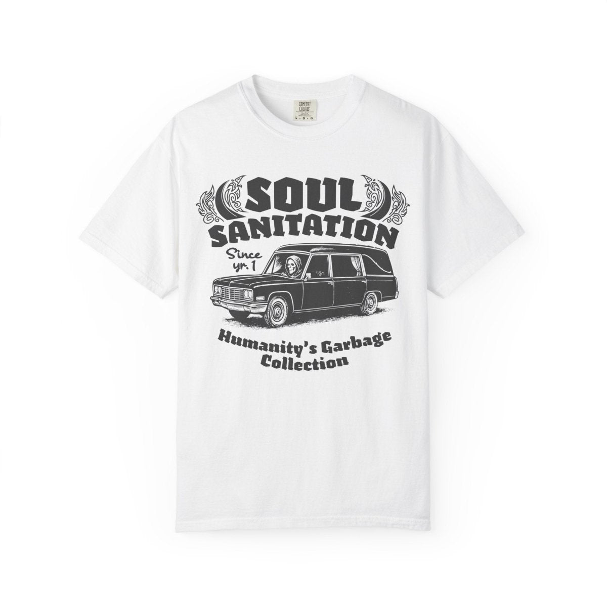Soul Sanitation Comfort Colors Relaxed Fit Heavy Oversized Soft Tee, Dark Funny Grim Reaper Hearse