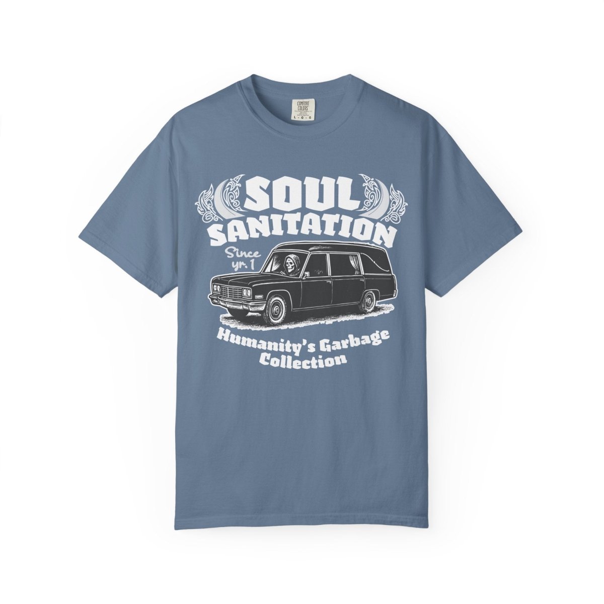 Soul Sanitation Comfort Colors Relaxed Fit Heavy Oversized Soft Tee, Dark Funny Grim Reaper Hearse