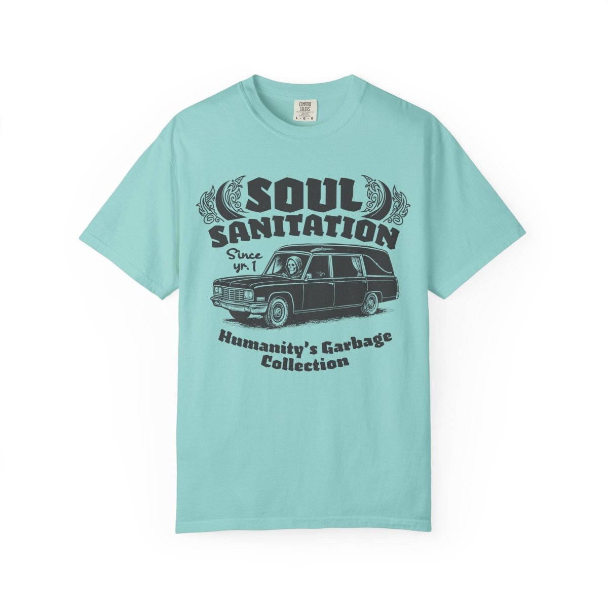 Soul Sanitation Comfort Colors Relaxed Fit Heavy Oversized Soft Tee, Dark Funny Grim Reaper Hearse