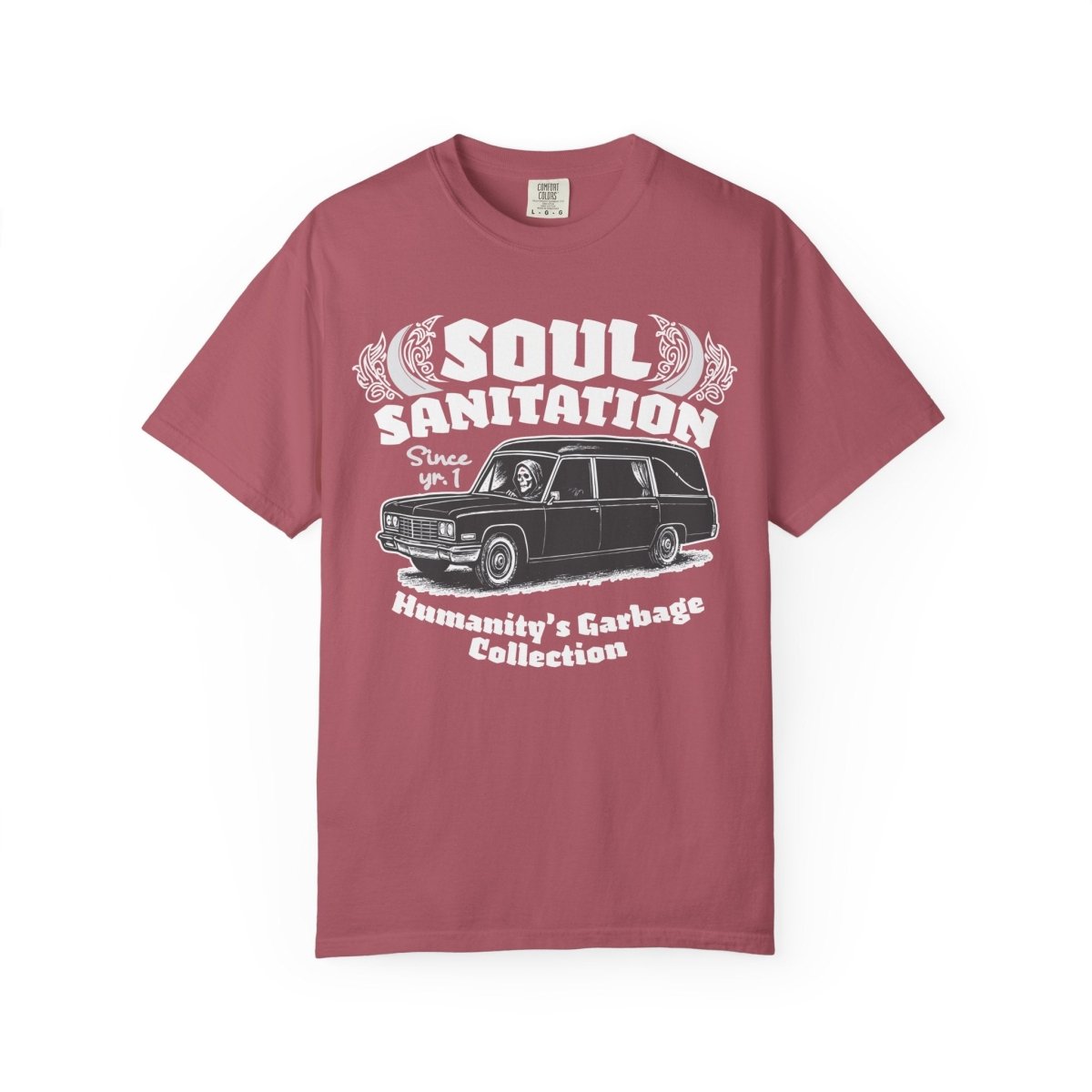 Soul Sanitation Comfort Colors Relaxed Fit Heavy Oversized Soft Tee, Dark Funny Grim Reaper Hearse