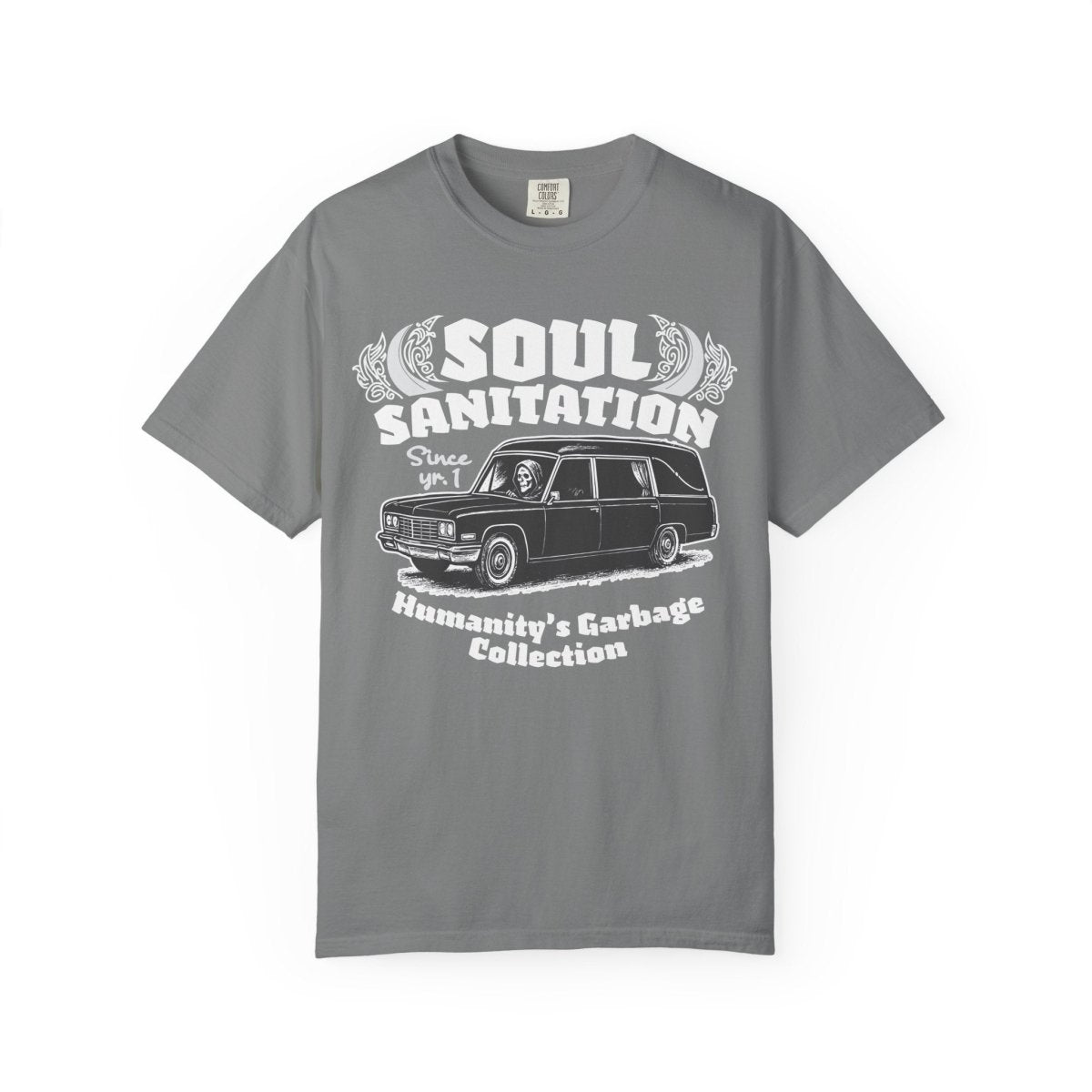 Soul Sanitation Comfort Colors Relaxed Fit Heavy Oversized Soft Tee, Dark Funny Grim Reaper Hearse