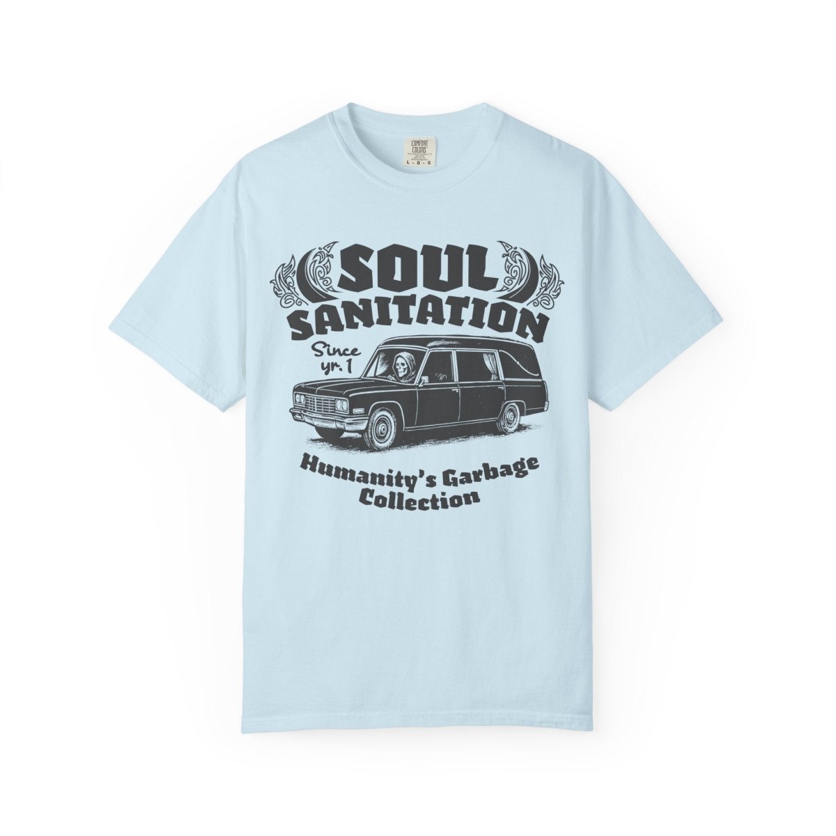 Soul Sanitation Comfort Colors Relaxed Fit Heavy Oversized Soft Tee, Dark Funny Grim Reaper Hearse
