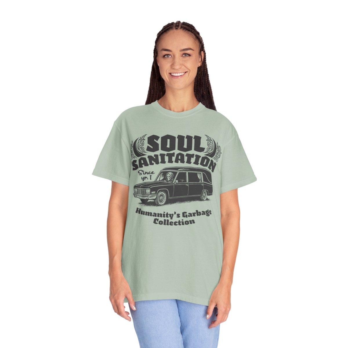 Soul Sanitation Comfort Colors Relaxed Fit Heavy Oversized Soft Tee, Dark Funny Grim Reaper Hearse
