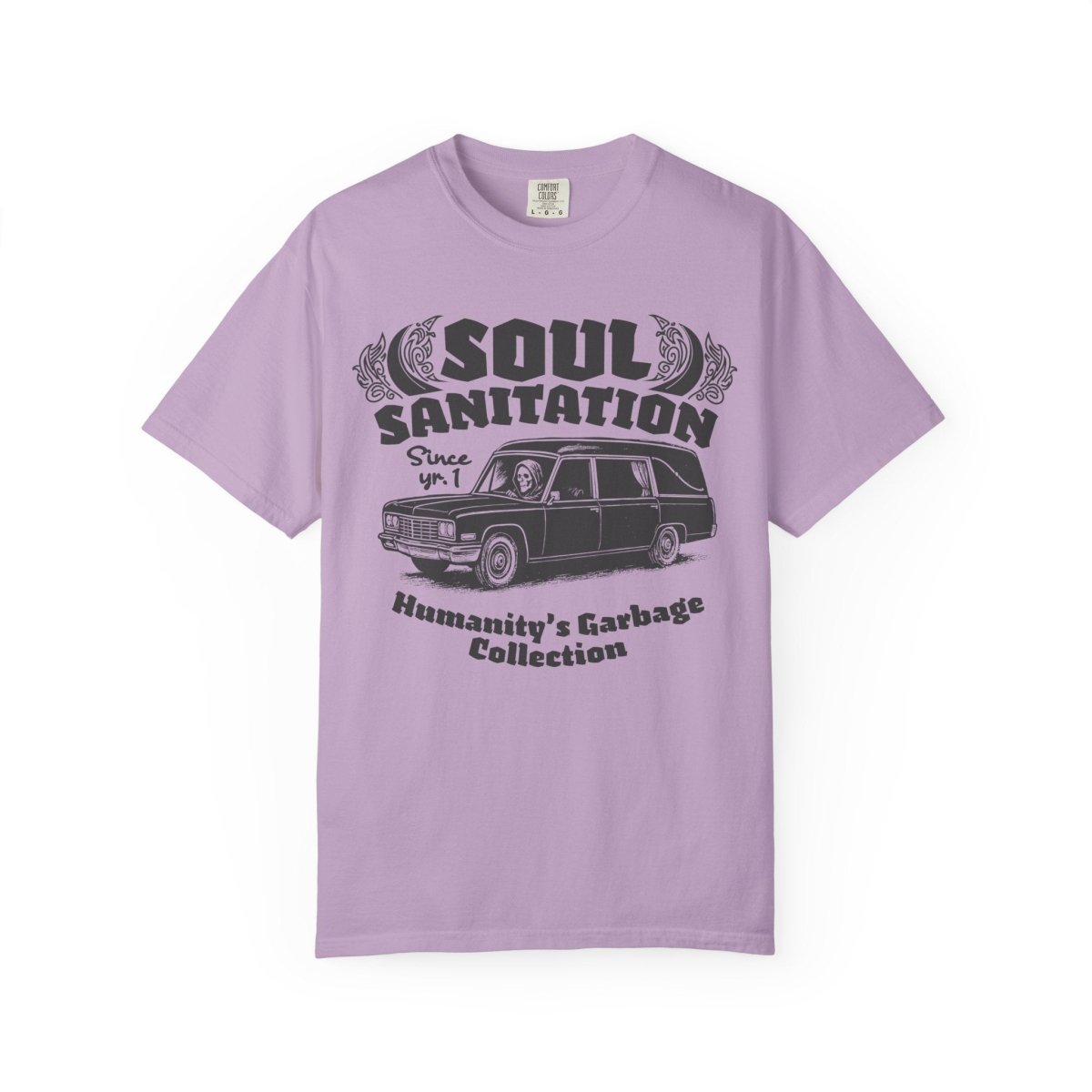 Soul Sanitation Comfort Colors Relaxed Fit Heavy Oversized Soft Tee, Dark Funny Grim Reaper Hearse