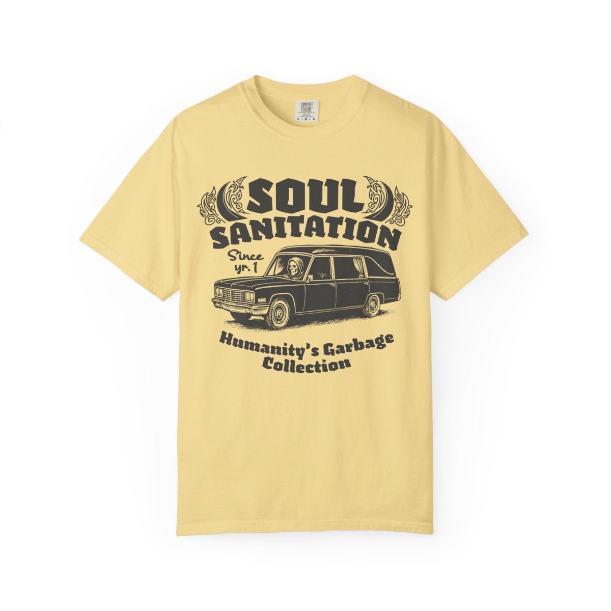 Soul Sanitation Comfort Colors Relaxed Fit Heavy Oversized Soft Tee, Dark Funny Grim Reaper Hearse