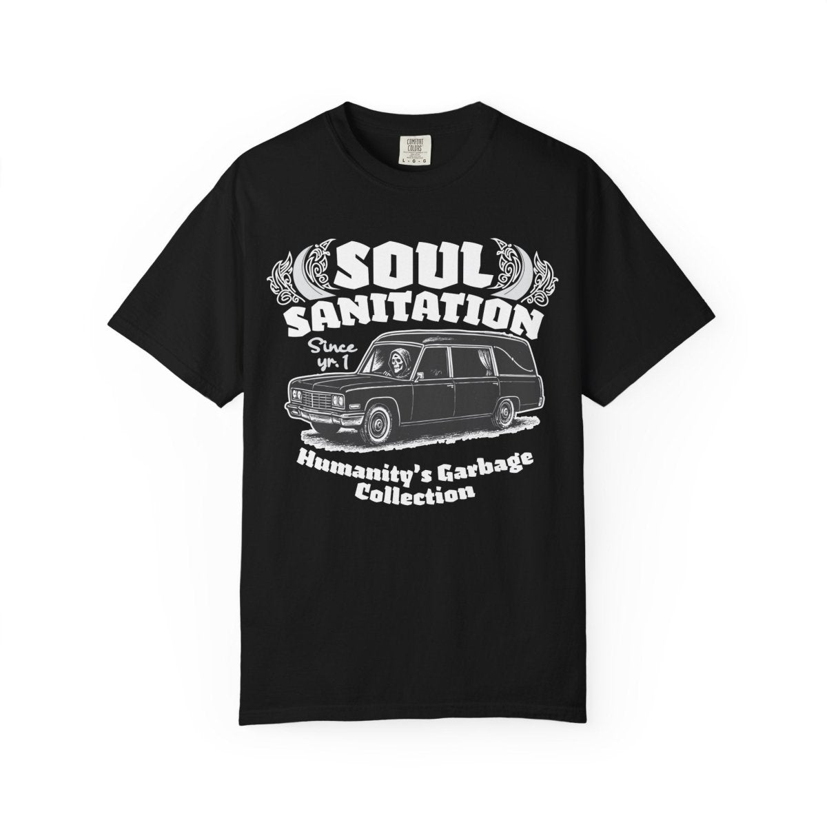 Soul Sanitation Comfort Colors Relaxed Fit Heavy Oversized Soft Tee, Dark Funny Grim Reaper Hearse
