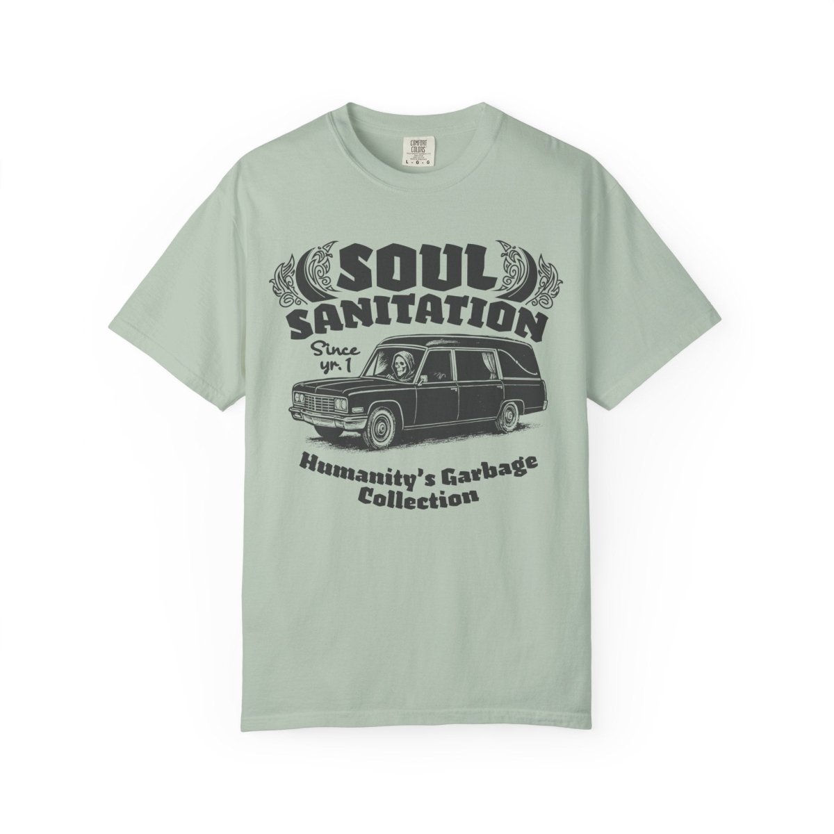 Soul Sanitation Comfort Colors Relaxed Fit Heavy Oversized Soft Tee, Dark Funny Grim Reaper Hearse