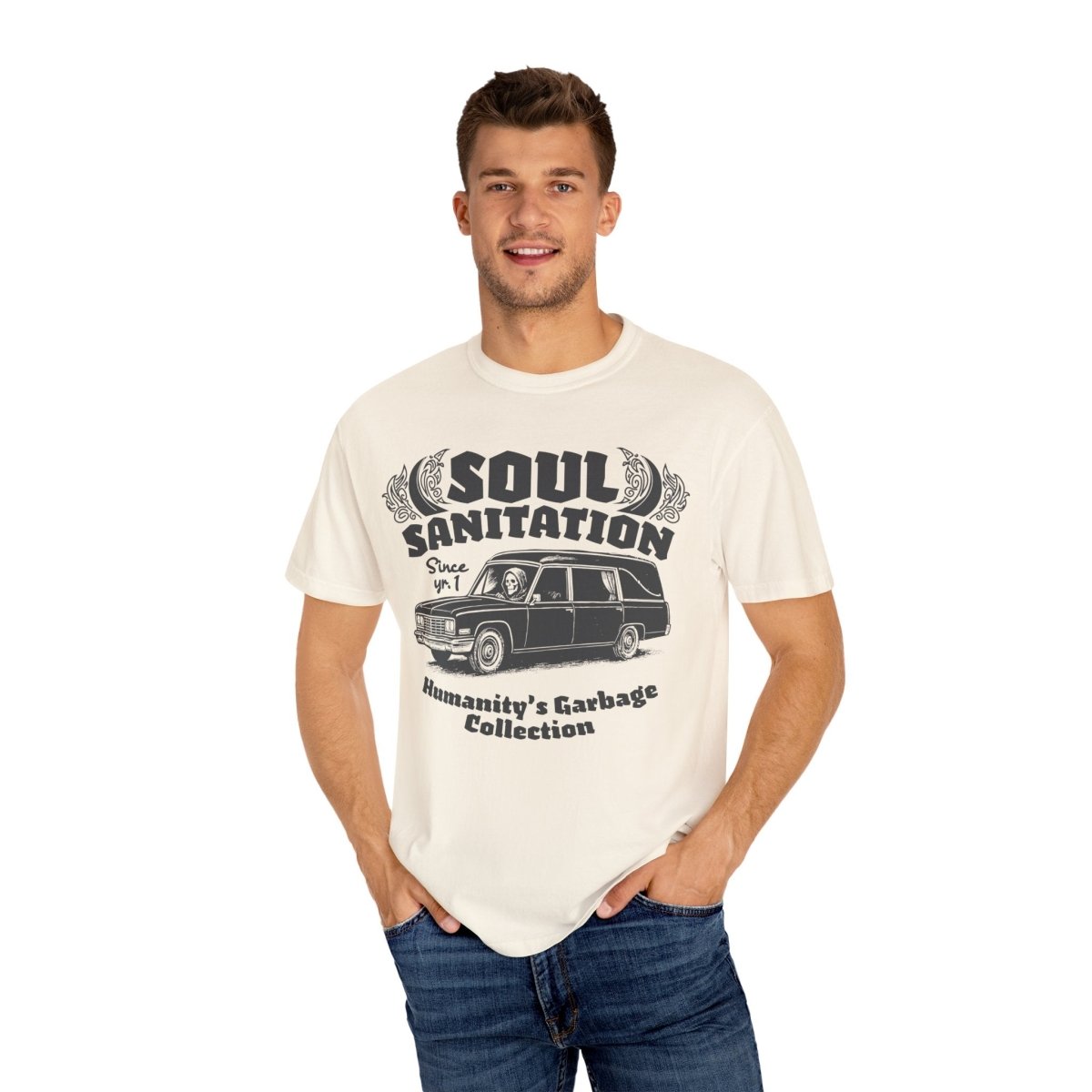 Soul Sanitation Comfort Colors Relaxed Fit Heavy Oversized Soft Tee, Dark Funny Grim Reaper Hearse