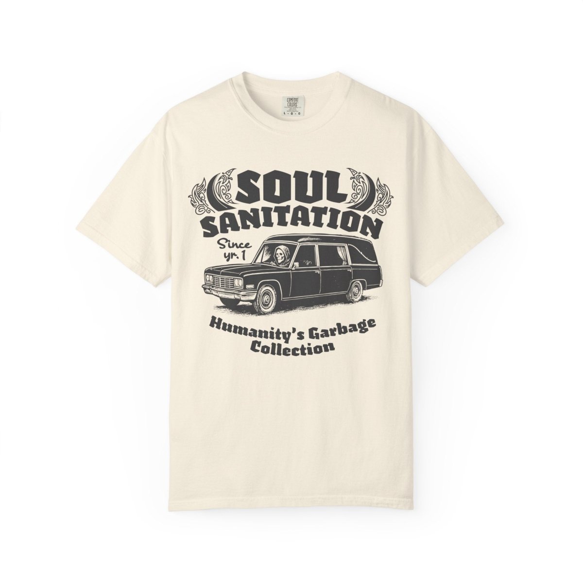 Soul Sanitation Comfort Colors Relaxed Fit Heavy Oversized Soft Tee, Dark Funny Grim Reaper Hearse