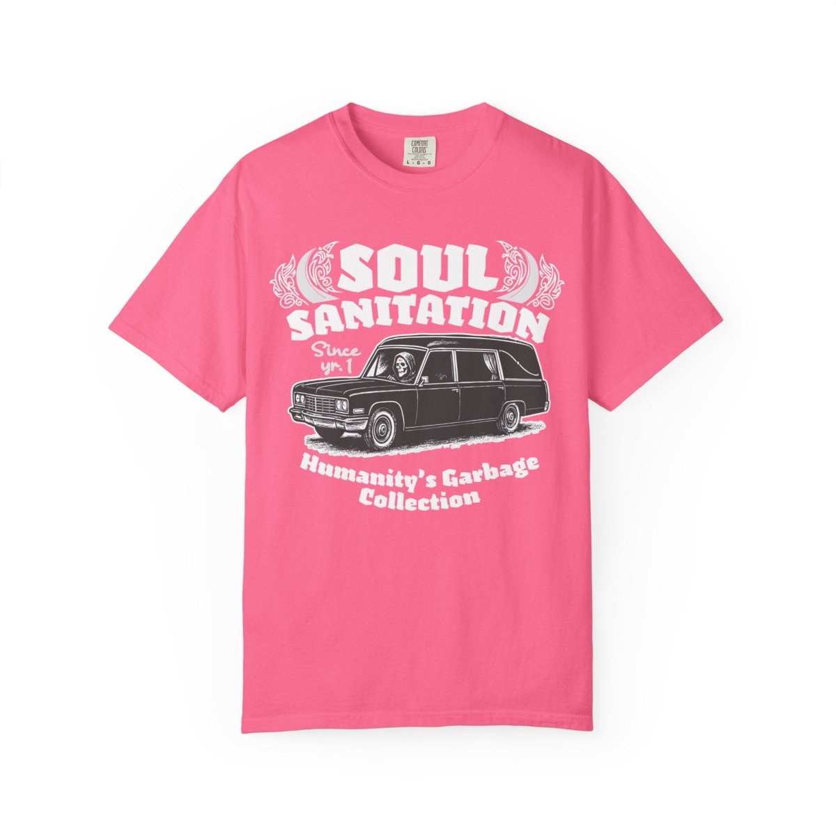 Soul Sanitation Comfort Colors Relaxed Fit Heavy Oversized Soft Tee, Dark Funny Grim Reaper Hearse