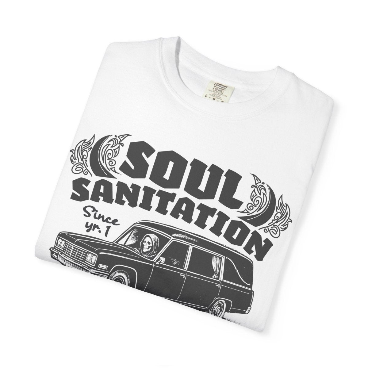 Soul Sanitation Comfort Colors Relaxed Fit Heavy Oversized Soft Tee, Dark Funny Grim Reaper Hearse