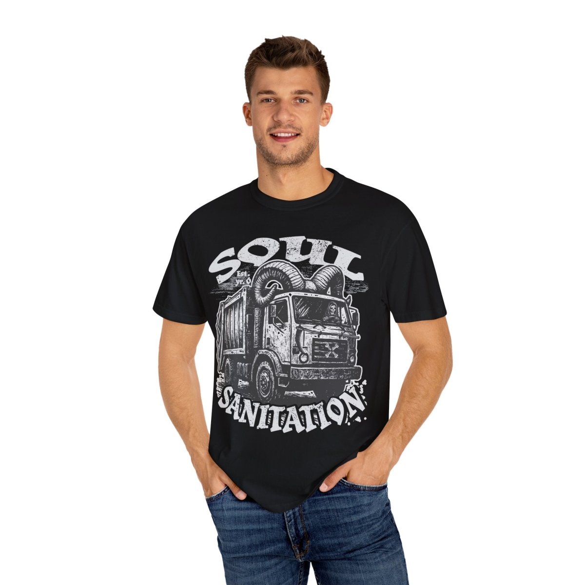 Soul Sanitation Comfort Colors Relaxed Fit Softy Tee, Funny Grim Reaper Garbage Truck Hell Hauler