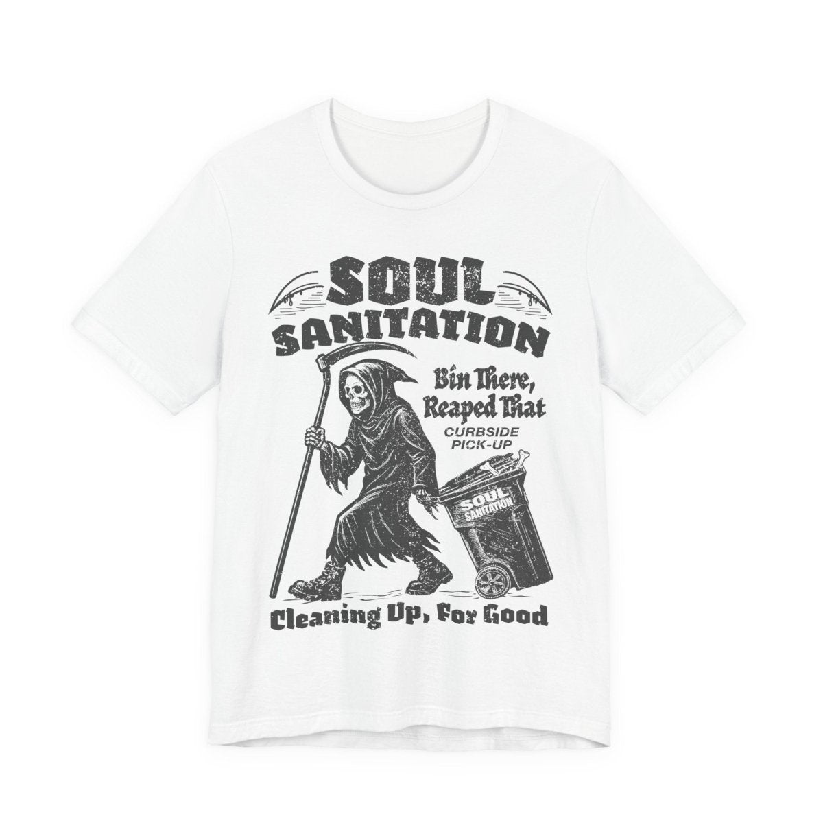 Soul Sanitation Garbage Collector Dark Humor Grim Reaper Pun Funny Gothic Graphic Novel Halloween Horror Fan Shirt Spooky Style Gift