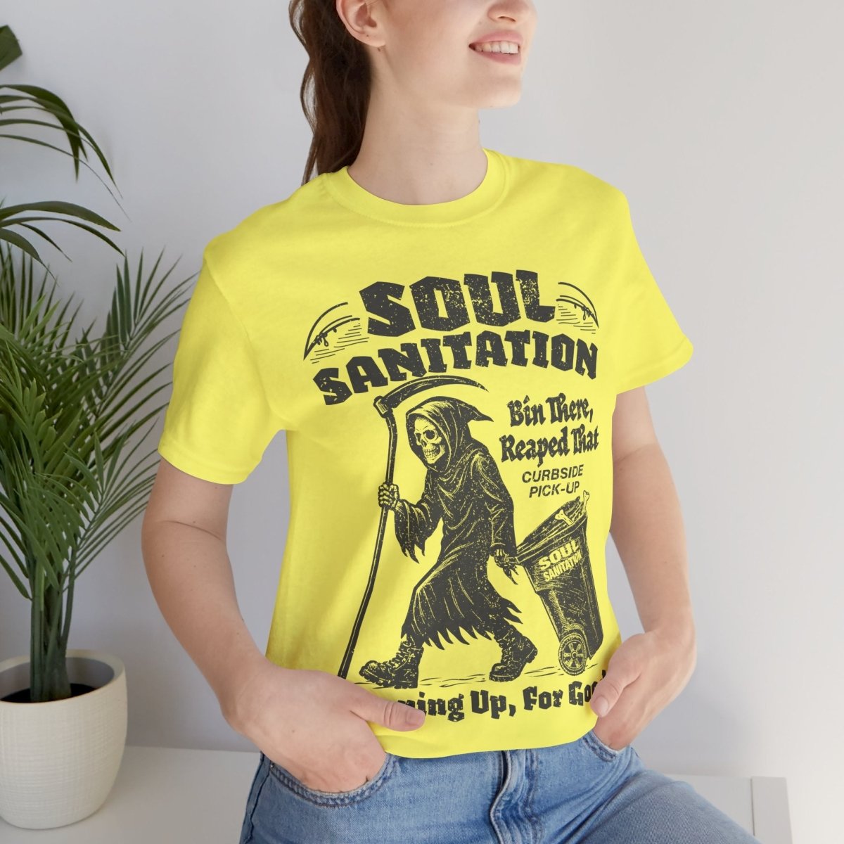 Soul Sanitation Garbage Collector Dark Humor Grim Reaper Pun Funny Gothic Graphic Novel Halloween Horror Fan Shirt Spooky Style Gift