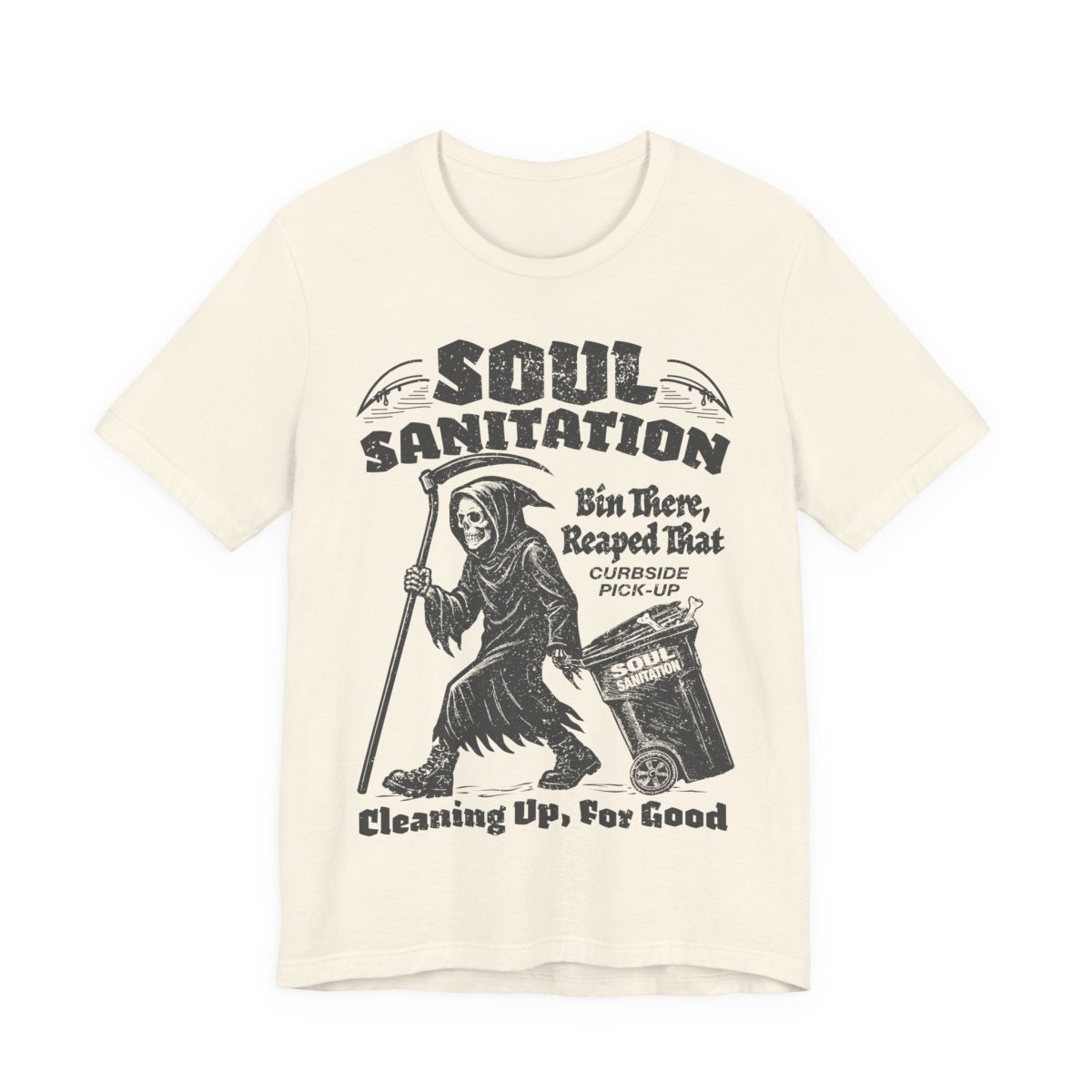 Soul Sanitation Garbage Collector Dark Humor Grim Reaper Pun Funny Gothic Graphic Novel Halloween Horror Fan Shirt Spooky Style Gift