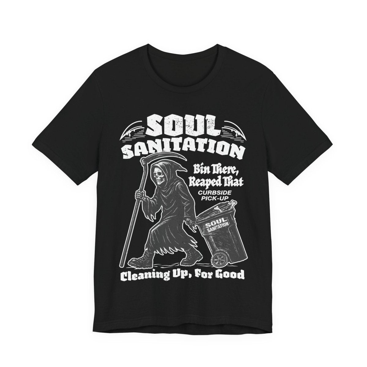 Soul Sanitation Garbage Collector Dark Humor Grim Reaper Pun Funny Gothic Graphic Novel Halloween Horror Fan Shirt Spooky Style Gift
