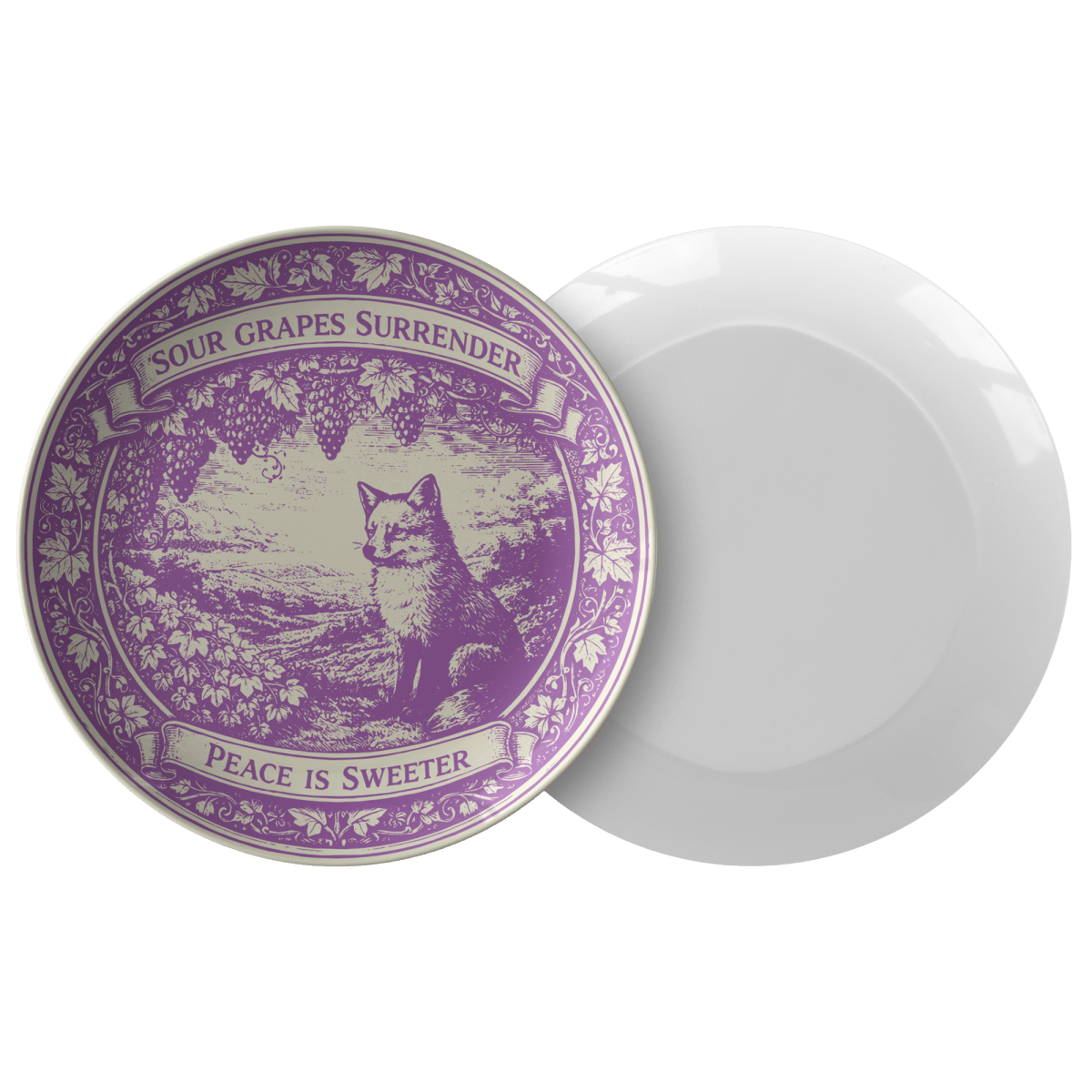 Sour Grapes Surrender Peace Aesop Fable Plate for Fun Meals and Decor, Save with Sets