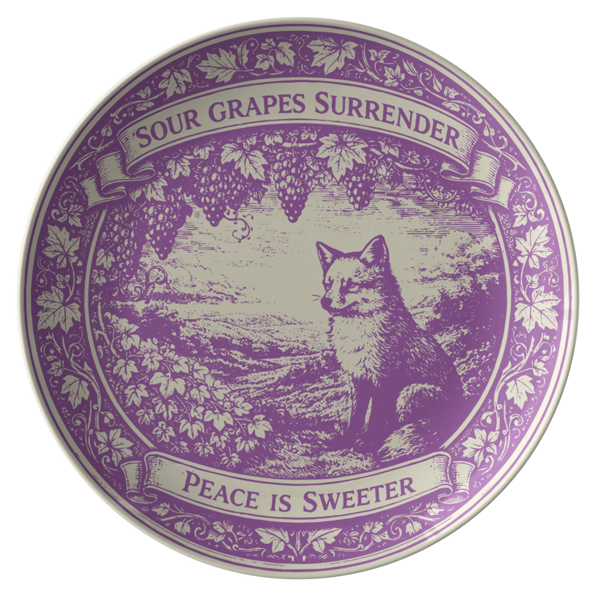 Sour Grapes Surrender Peace Aesop Fable Plate for Fun Meals and Decor, Save with Sets