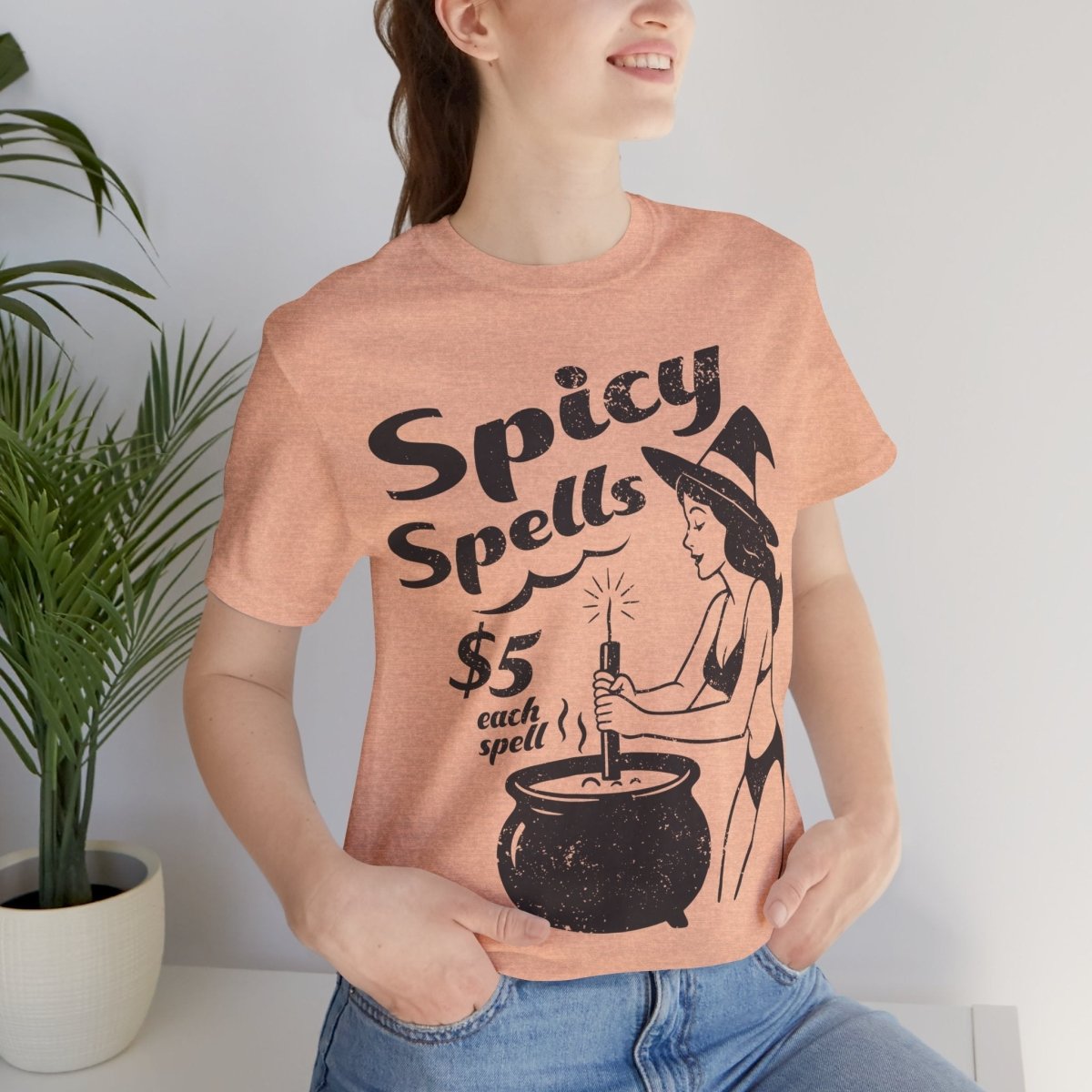 Spicy Spells Bikini Witch Tee, Funny Dark Humor or Halloween Shirt for Haunted Humor Gifting & Comic Fans