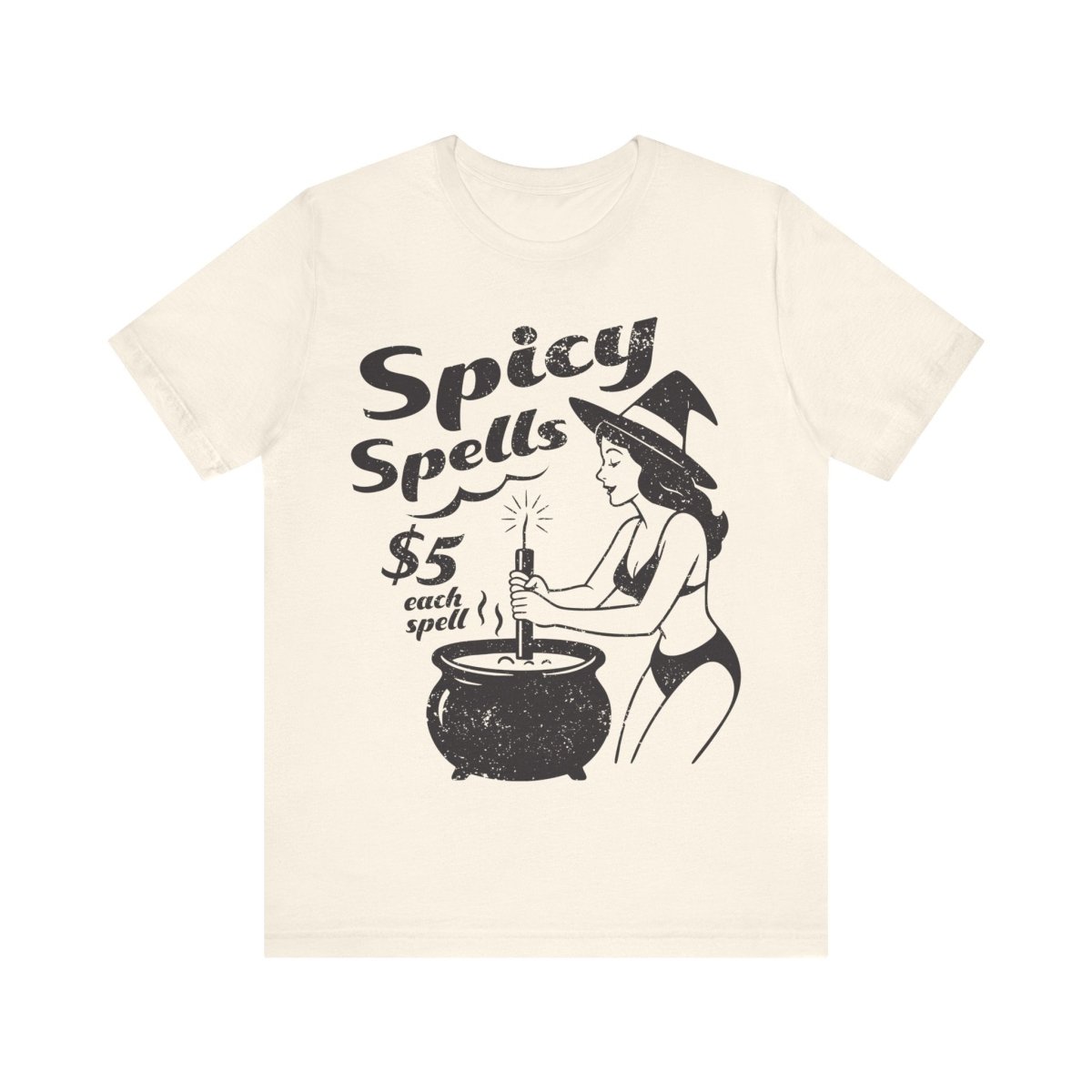 Spicy Spells Bikini Witch Tee, Funny Dark Humor or Halloween Shirt for Haunted Humor Gifting & Comic Fans