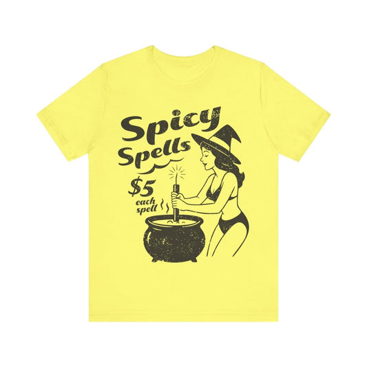 Spicy Spells Bikini Witch Tee, Funny Dark Humor or Halloween Shirt for Haunted Humor Gifting & Comic Fans