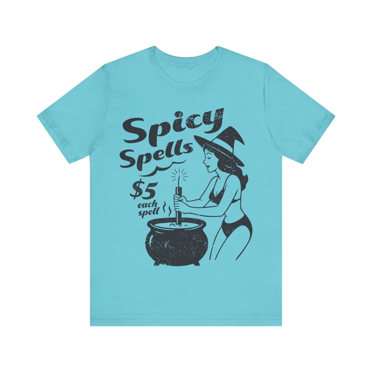 Spicy Spells Bikini Witch Tee, Funny Dark Humor or Halloween Shirt for Haunted Humor Gifting & Comic Fans