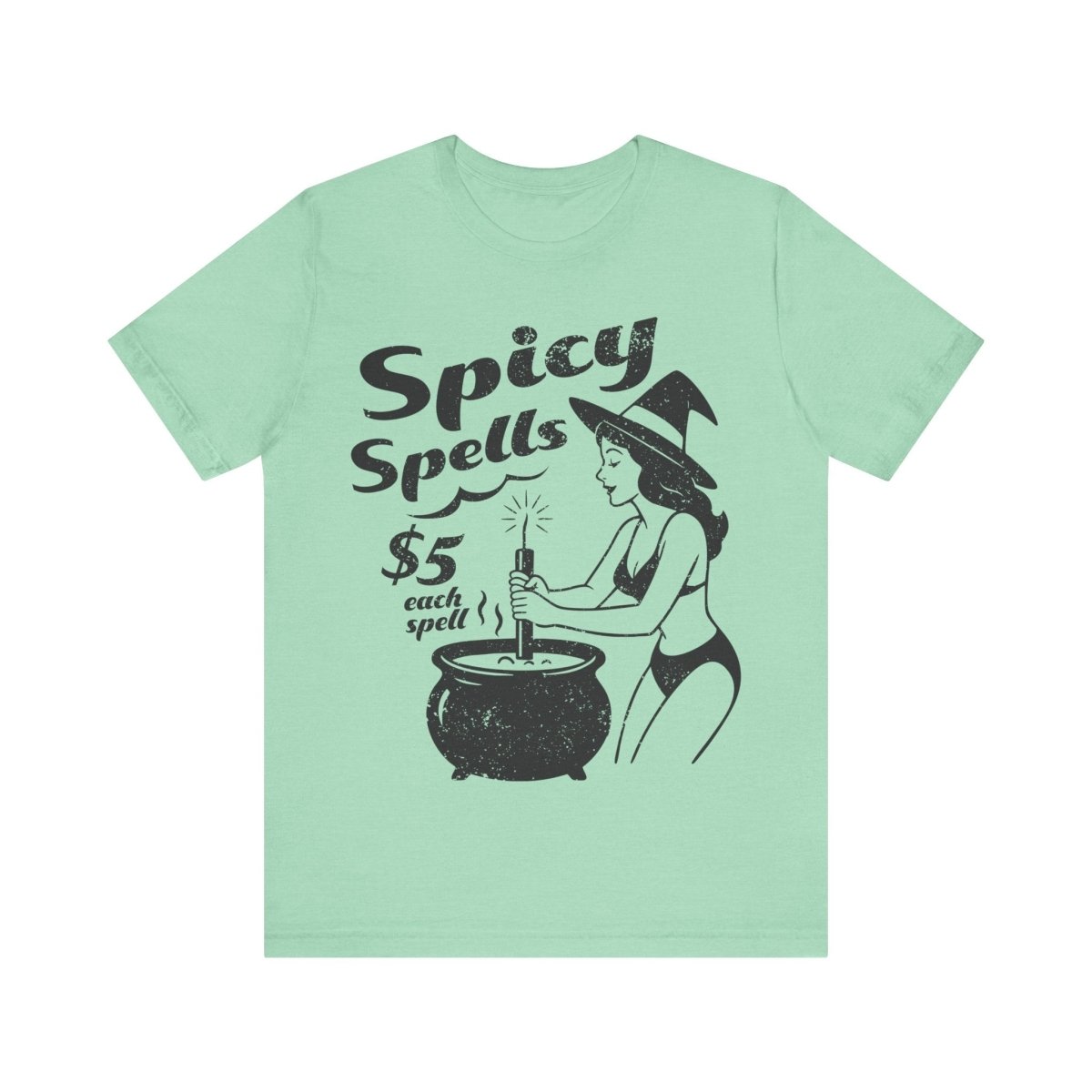 Spicy Spells Bikini Witch Tee, Funny Dark Humor or Halloween Shirt for Haunted Humor Gifting & Comic Fans