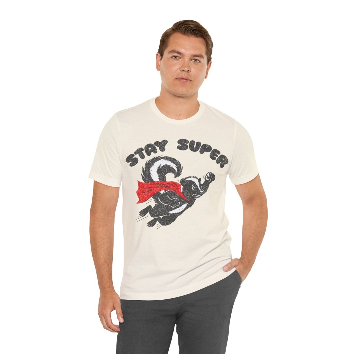 Stay Super Skunk Tee Funny Antihero Parody T-Shirt for Dad Jokes, Bosses, and Sarcastic Souls, Funny Dark Humor Parody Gift