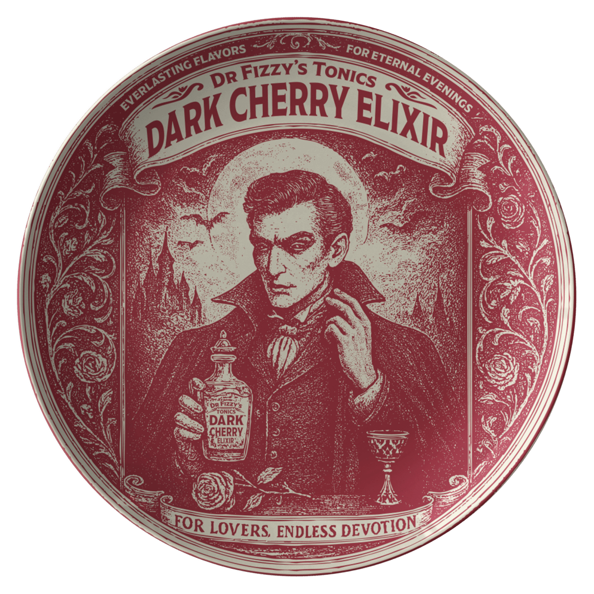 Vampire Movie Fan Gift Dark Cherry Elixir King Plate from Dr Fizzy's, 1 or Sets of 2, 4, Dining & Display
