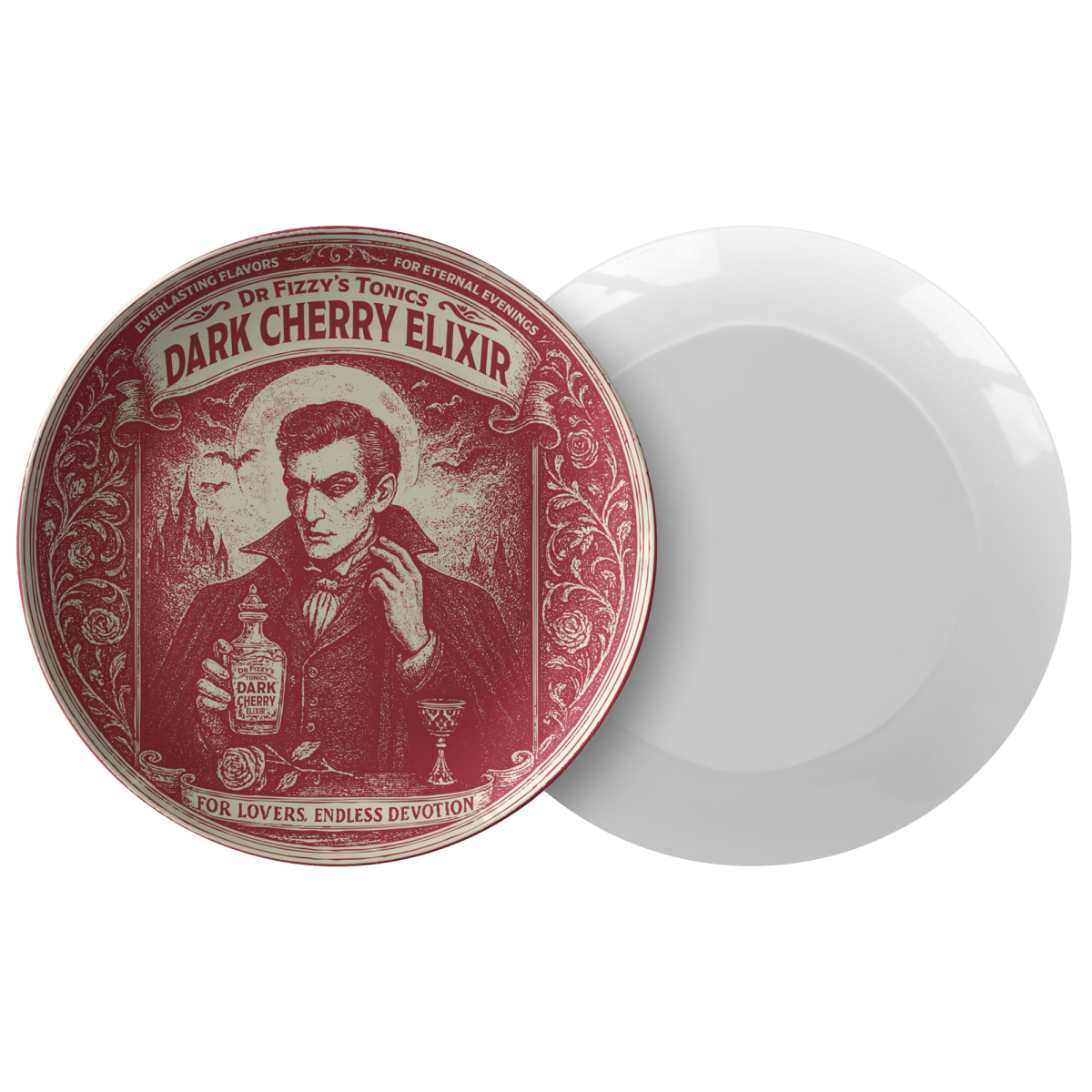 Vampire Movie Fan Gift Dark Cherry Elixir King Plate from Dr Fizzy's, 1 or Sets of 2, 4, Dining & Display