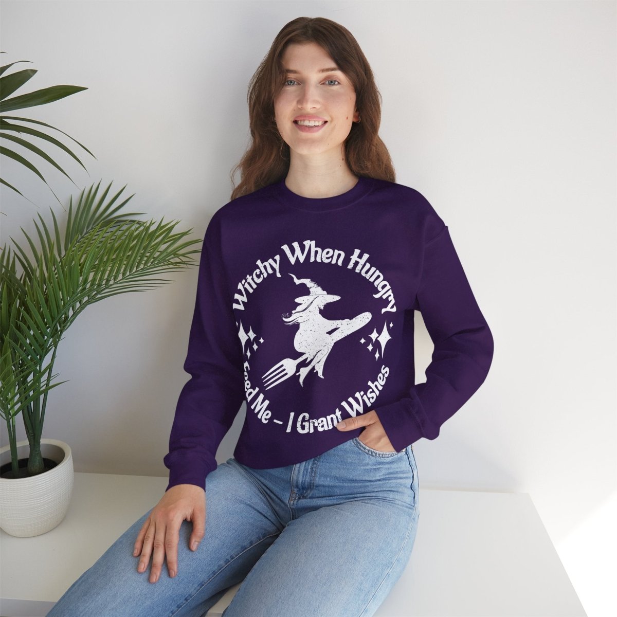 Witchy When Hungry Flying Fork Fleece Sweatshirt, Wishes Granted For Food