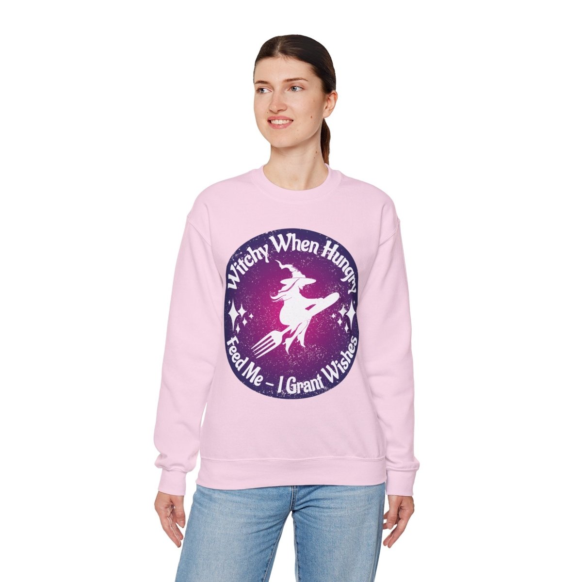 Witchy When Hungry Flying Fork Fleece Sweatshirt, Wishes Granted For Food