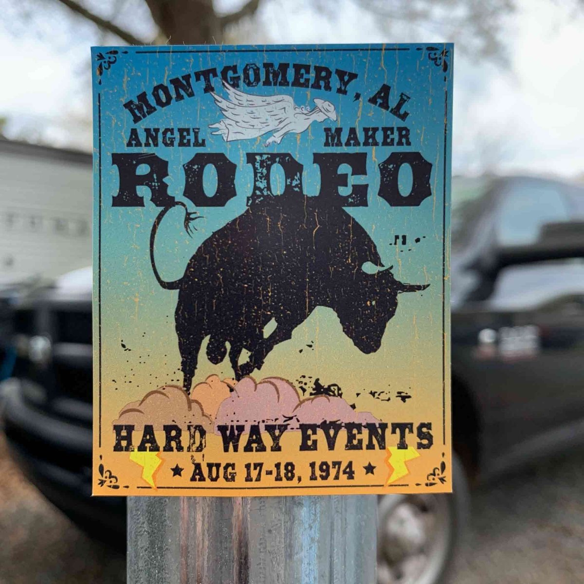 Montgomery Old Rodeo Poster Premium Stickers and Magnets, Angel Maker Bull, Hard Way